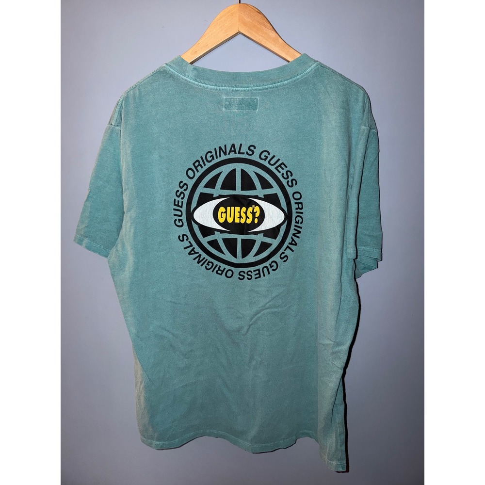 Guess Originals Mens Teal Mineral Wash Globe Graphic T-Shirt Size M Short Sleeve
